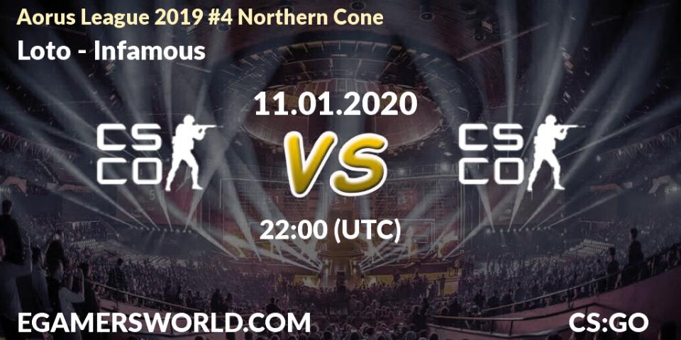 Prognose für das Spiel Loto VS Infamous. 11.01.2020 at 22:10. Counter-Strike (CS2) - Aorus League 2019 #4 Northern Cone