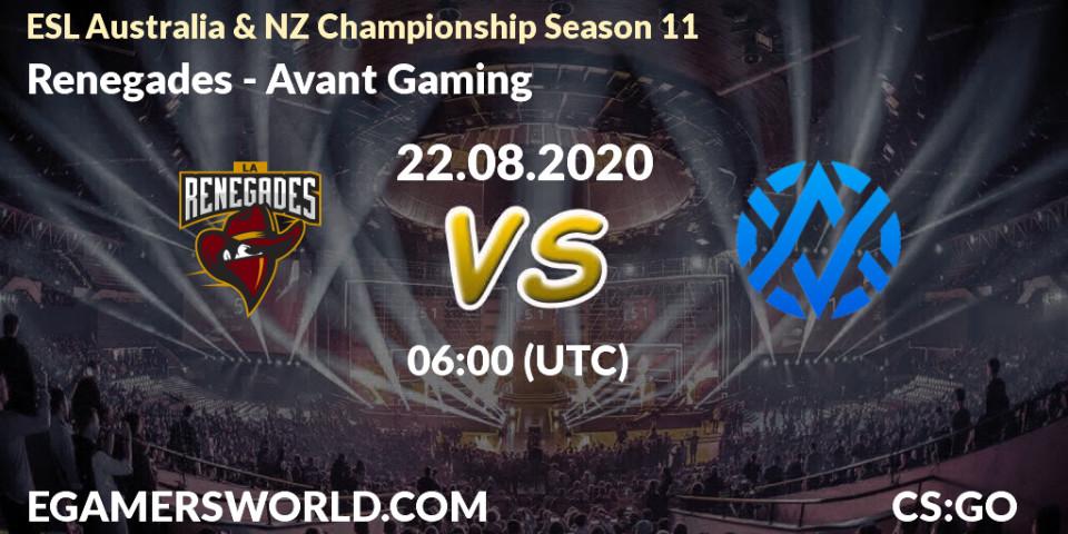 Prognose für das Spiel Renegades VS Avant Gaming. 22.08.2020 at 06:20. Counter-Strike (CS2) - ESL Australia & NZ Championship Season 11