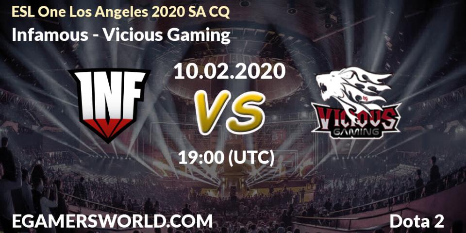 Prognose für das Spiel Infamous VS Vicious Gaming. 10.02.20. Dota 2 - ESL One Los Angeles 2020 SA CQ