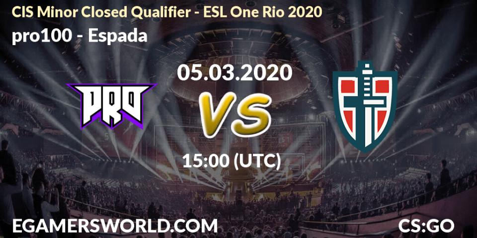 Prognose für das Spiel pro100 VS Espada. 05.03.2020 at 15:00. Counter-Strike (CS2) - CIS Minor Closed Qualifier - ESL One Rio 2020