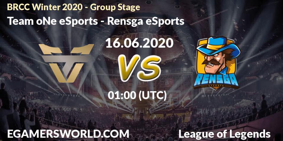 Prognose für das Spiel Team oNe eSports VS Rensga eSports. 16.06.2020 at 01:00. LoL - BRCC Winter 2020 - Group Stage