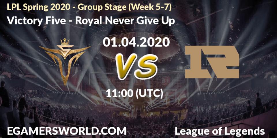 Prognose für das Spiel Victory Five VS Royal Never Give Up. 01.04.2020 at 10:30. LoL - LPL Spring 2020 - Group Stage (Week 5-7)