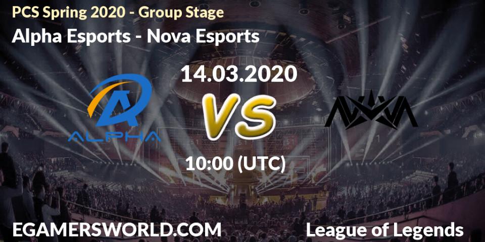 Prognose für das Spiel Alpha Esports VS Nova Esports. 14.03.2020 at 10:00. LoL - PCS Spring 2020 - Group Stage