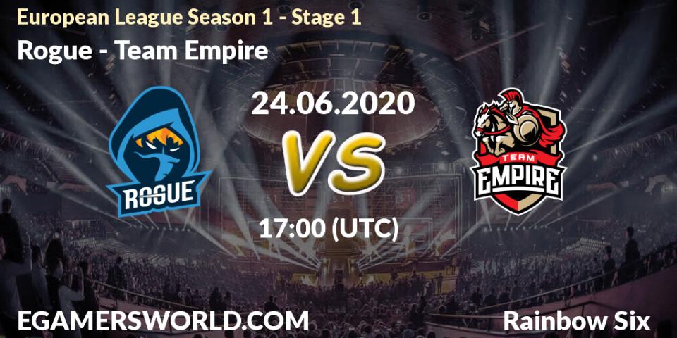 Prognose für das Spiel Rogue VS Team Empire. 26.06.2020 at 17:00. Rainbow Six - European League Season 1 - Stage 1