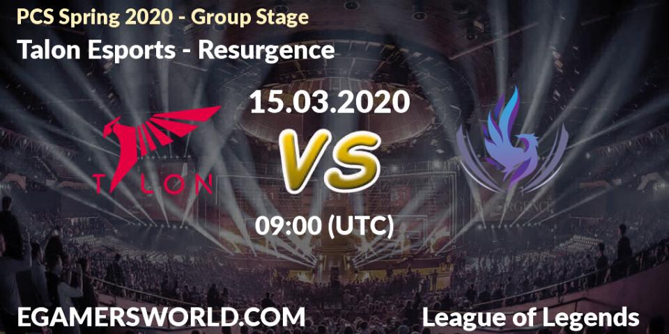 Prognose für das Spiel Talon Esports VS Resurgence. 15.03.2020 at 11:00. LoL - PCS Spring 2020 - Group Stage