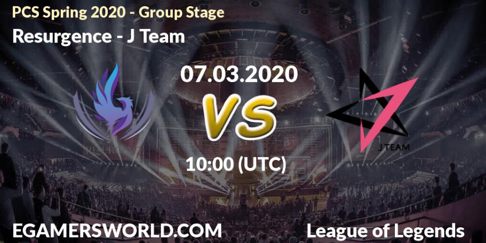 Prognose für das Spiel Resurgence VS J Team. 07.03.2020 at 10:00. LoL - PCS Spring 2020 - Group Stage