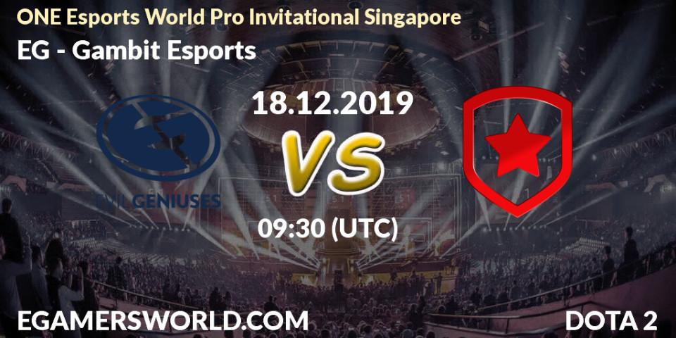 Prognose für das Spiel EG VS Gambit Esports. 18.12.2019 at 08:00. Dota 2 - ONE Esports World Pro Invitational Singapore