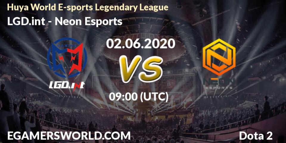 Prognose für das Spiel LGD.int VS Neon Esports. 02.06.20. Dota 2 - Huya World E-sports Legendary League