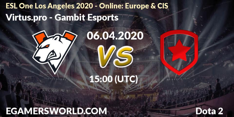 Prognose für das Spiel Virtus.pro VS Gambit Esports. 06.04.20. Dota 2 - ESL One Los Angeles 2020 - Online: Europe & CIS