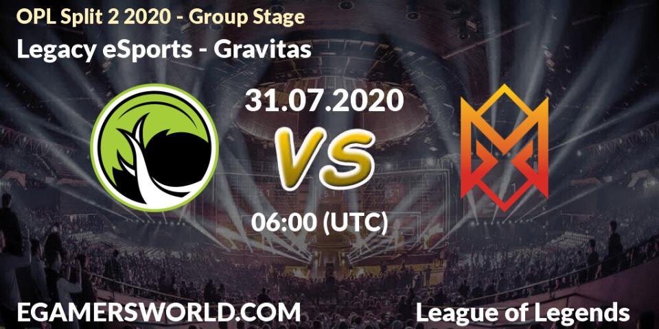 Prognose für das Spiel Legacy eSports VS Gravitas. 31.07.2020 at 07:00. LoL - OPL Split 2 2020 - Group Stage
