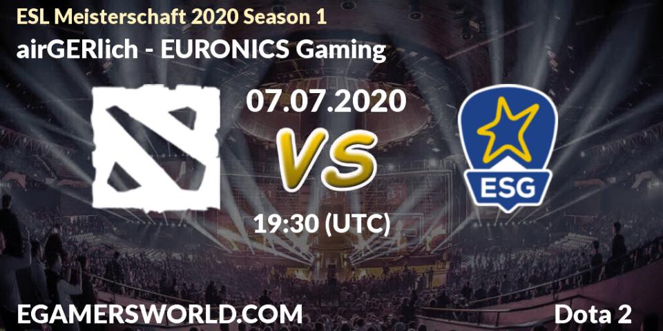 Prognose für das Spiel airGERlich VS EURONICS Gaming. 07.07.2020 at 19:40. Dota 2 - ESL Meisterschaft 2020 Season 1