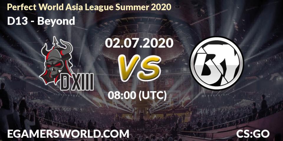 Prognose für das Spiel D13 VS Beyond. 02.07.20. CS2 (CS:GO) - Perfect World Asia League Summer 2020