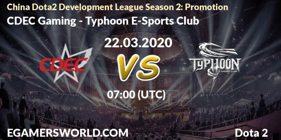 Prognose für das Spiel CDEC Gaming VS Typhoon E-Sports Club. 22.03.20. Dota 2 - China Dota2 Development League Season 2: Promotion