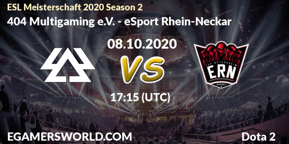 Prognose für das Spiel 404 Multigaming e.V. VS eSport Rhein-Neckar. 08.10.2020 at 17:30. Dota 2 - ESL Meisterschaft 2020 Season 2