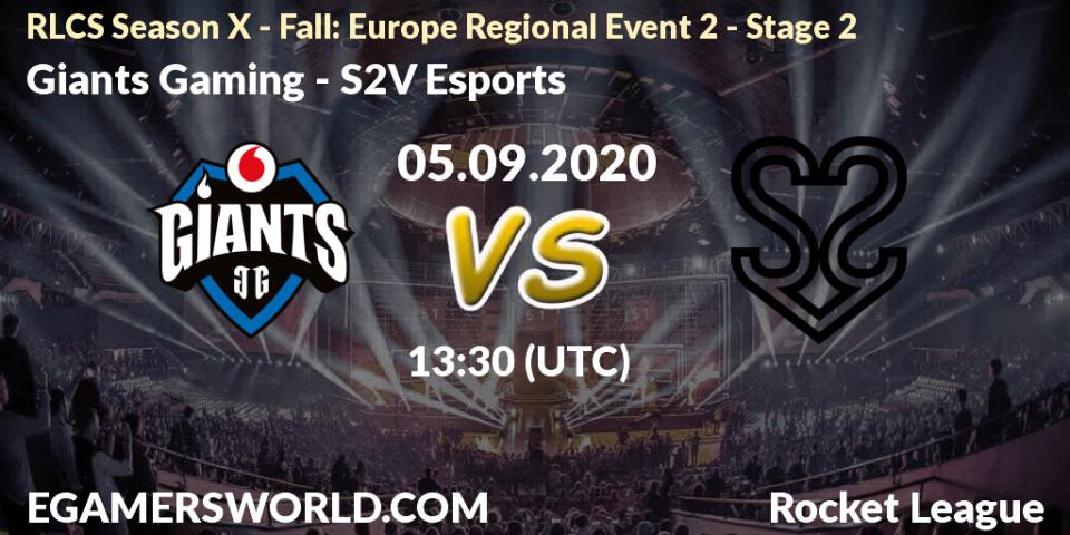 Prognose für das Spiel Giants Gaming VS S2V Esports. 05.09.2020 at 13:30. Rocket League - RLCS Season X - Fall: Europe Regional Event 2 - Stage 2