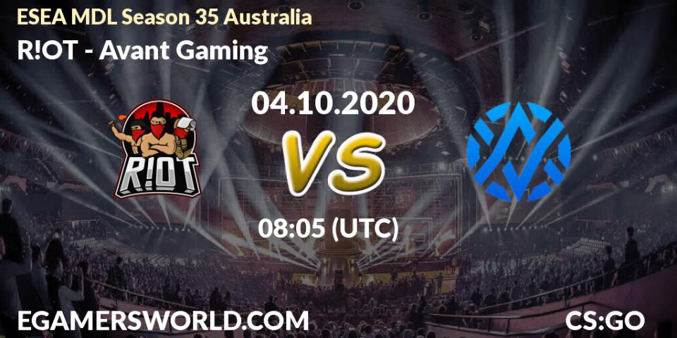 Prognose für das Spiel R!OT VS Avant Gaming. 04.10.2020 at 08:05. Counter-Strike (CS2) - ESEA MDL Season 35 Australia