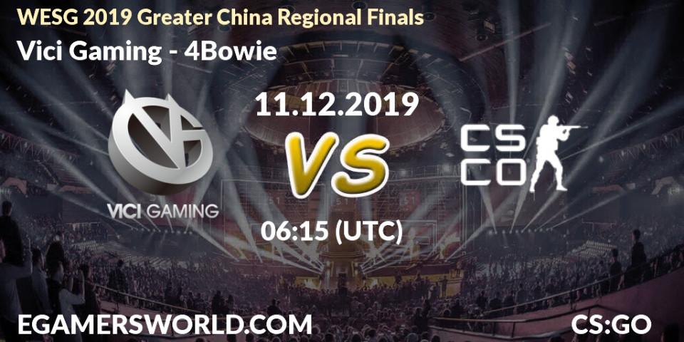 Prognose für das Spiel Vici Gaming VS 4Bowie. 11.12.2019 at 06:15. Counter-Strike (CS2) - WESG 2019 Greater China Regional Finals