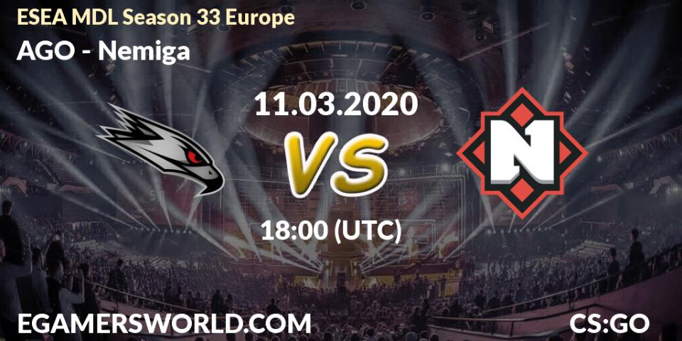 Prognose für das Spiel AGO VS Nemiga. 11.03.20. CS2 (CS:GO) - ESEA MDL Season 33 Europe