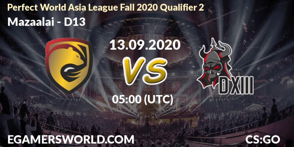 Prognose für das Spiel Mazaalai VS D13. 13.09.20. CS2 (CS:GO) - Perfect World Asia League Fall 2020 Qualifier 2