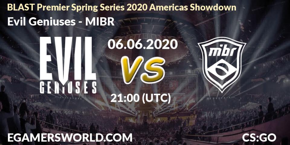 Prognose für das Spiel Evil Geniuses VS MIBR. 06.06.2020 at 20:05. Counter-Strike (CS2) - BLAST Premier Spring Series 2020 Americas Showdown 