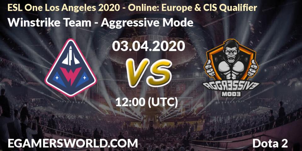 Prognose für das Spiel Winstrike Team VS Aggressive Mode. 03.04.2020 at 12:05. Dota 2 - ESL One Los Angeles 2020 - Online: Europe & CIS Qualifier