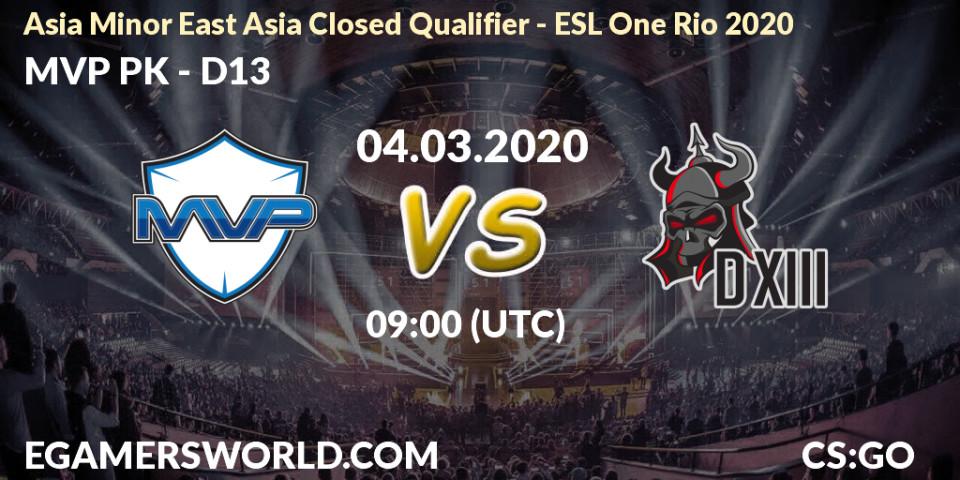 Prognose für das Spiel MVP PK VS D13. 04.03.20. CS2 (CS:GO) - Asia Minor East Asia Closed Qualifier - ESL One Rio 2020
