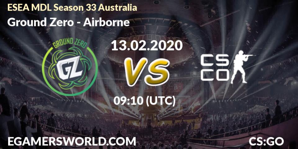 Prognose für das Spiel Ground Zero VS Airborne. 13.02.2020 at 09:10. Counter-Strike (CS2) - ESEA MDL Season 33 Australia