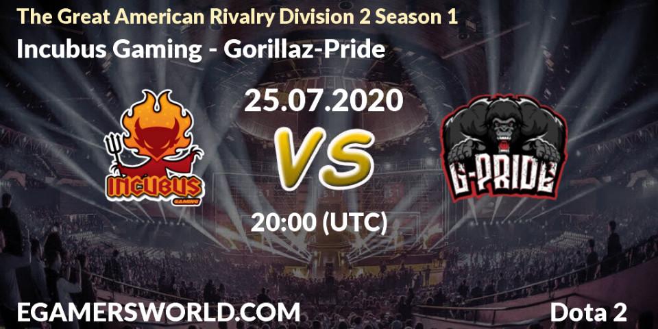 Prognose für das Spiel Incubus Gaming VS Gorillaz-Pride. 25.07.2020 at 20:45. Dota 2 - The Great American Rivalry Division 2 Season 1