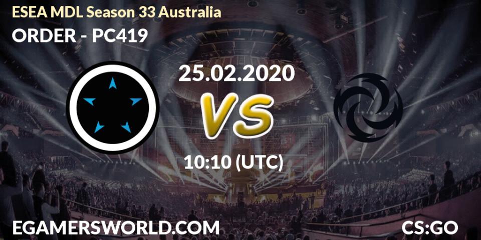 Prognose für das Spiel ORDER VS PC419. 26.02.2020 at 10:10. Counter-Strike (CS2) - ESEA MDL Season 33 Australia