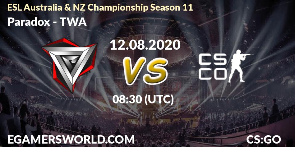 Prognose für das Spiel Paradox VS TWA. 12.08.2020 at 08:30. Counter-Strike (CS2) - ESL Australia & NZ Championship Season 11