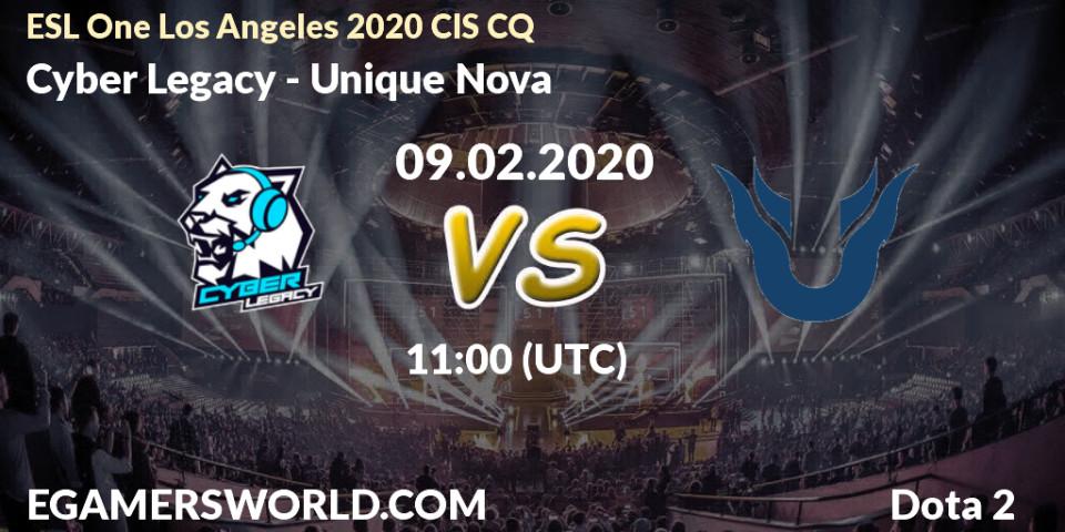 Prognose für das Spiel Cyber Legacy VS Unique Nova. 09.02.2020 at 11:17. Dota 2 - ESL One Los Angeles 2020 CIS CQ