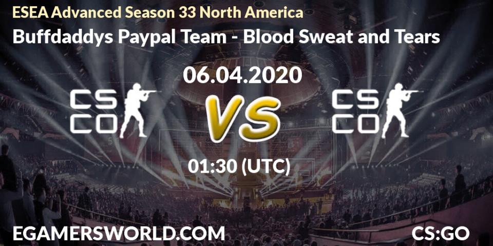 Prognose für das Spiel Buffdaddys Paypal Team VS Blood Sweat and Tears. 06.04.2020 at 01:40. Counter-Strike (CS2) - ESEA Advanced Season 33 North America