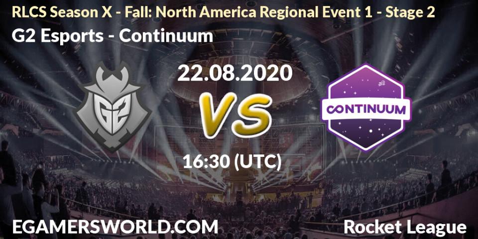 Prognose für das Spiel G2 Esports VS Continuum. 22.08.2020 at 16:30. Rocket League - RLCS Season X - Fall: North America Regional Event 1 - Stage 2