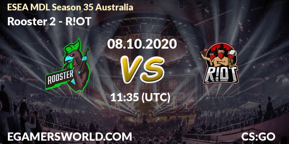 Prognose für das Spiel Rooster 2 VS R!OT. 08.10.2020 at 10:05. Counter-Strike (CS2) - ESEA MDL Season 35 Australia