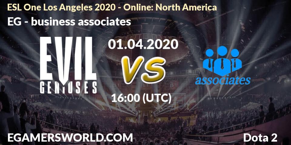 Prognose für das Spiel EG VS business associates. 01.04.20. Dota 2 - ESL One Los Angeles 2020 - Online: North America