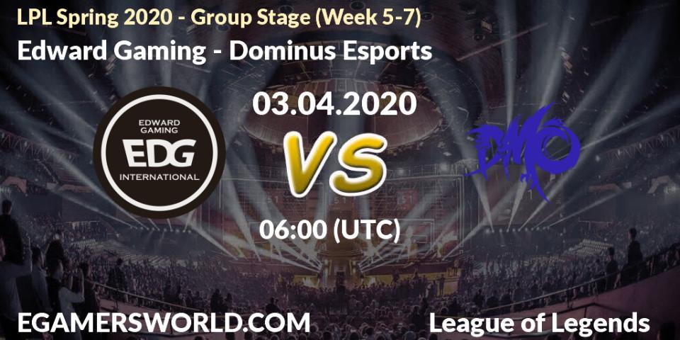 Prognose für das Spiel Edward Gaming VS Dominus Esports. 03.04.20. LoL - LPL Spring 2020 - Group Stage (Week 5-7)