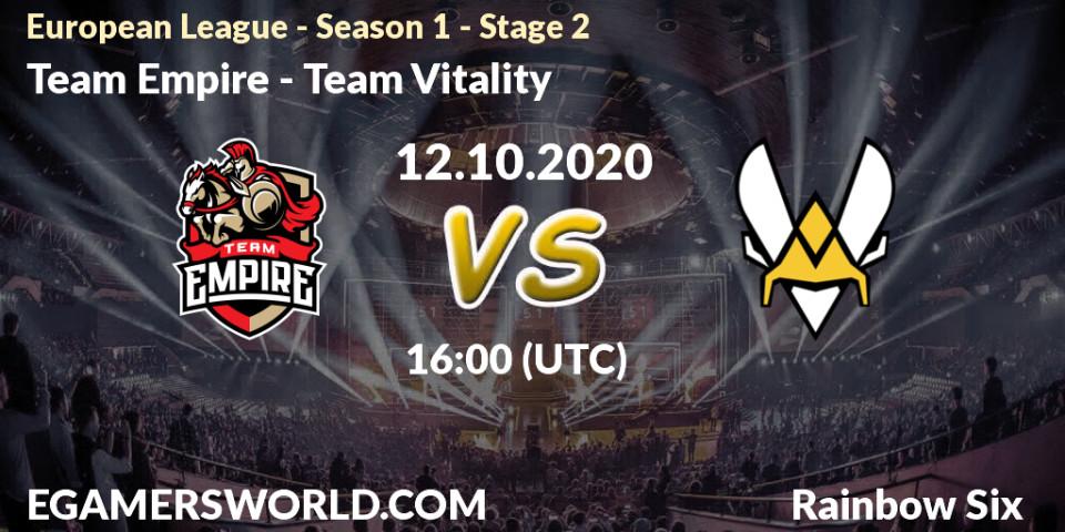 Prognose für das Spiel Team Empire VS Team Vitality. 12.10.20. Rainbow Six - European League - Season 1 - Stage 2