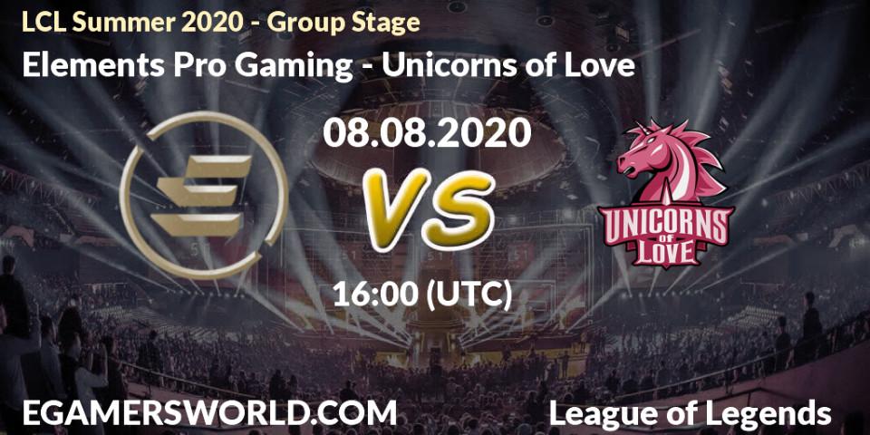 Prognose für das Spiel Elements Pro Gaming VS Unicorns of Love. 08.08.20. LoL - LCL Summer 2020 - Group Stage