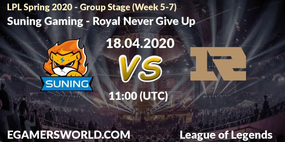 Prognose für das Spiel Suning Gaming VS Royal Never Give Up. 18.04.20. LoL - LPL Spring 2020 - Group Stage (Week 5-7)