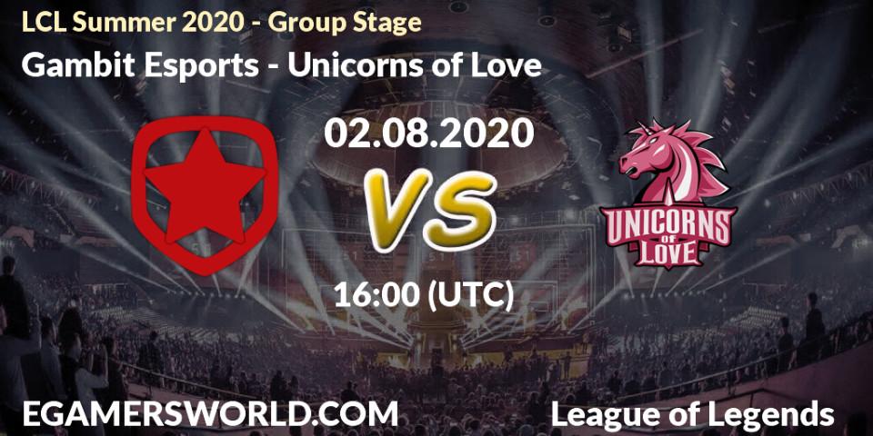 Prognose für das Spiel Gambit Esports VS Unicorns of Love. 02.08.2020 at 16:10. LoL - LCL Summer 2020 - Group Stage