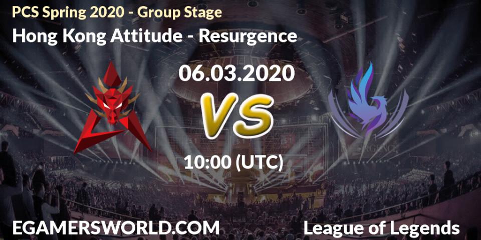 Prognose für das Spiel Hong Kong Attitude VS Resurgence. 06.03.2020 at 10:00. LoL - PCS Spring 2020 - Group Stage