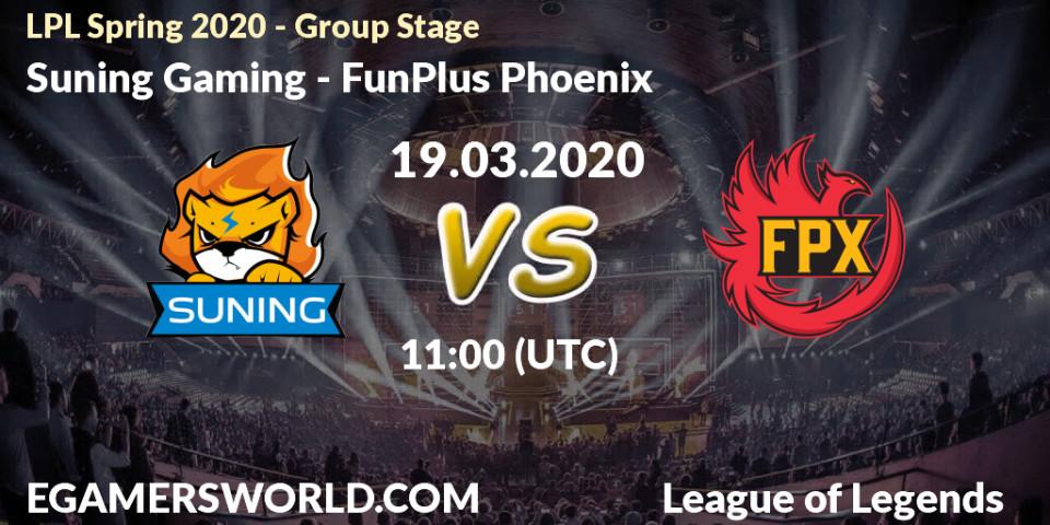 Prognose für das Spiel Suning Gaming VS FunPlus Phoenix. 19.03.2020 at 10:30. LoL - LPL Spring 2020 - Group Stage (Week 1-4)