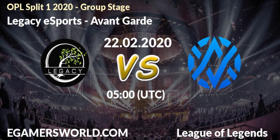 Prognose für das Spiel Legacy eSports VS Avant Garde. 22.02.2020 at 05:00. LoL - OPL Split 1 2020 - Group Stage