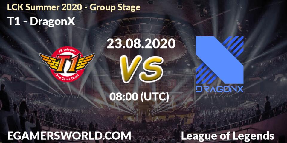 Prognose für das Spiel T1 VS DragonX. 23.08.20. LoL - LCK Summer 2020 - Group Stage
