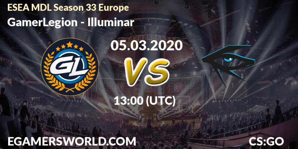 Prognose für das Spiel GamerLegion VS Illuminar. 05.03.2020 at 13:10. Counter-Strike (CS2) - ESEA MDL Season 33 Europe
