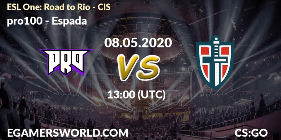 Prognose für das Spiel pro100 VS Espada. 08.05.2020 at 13:00. Counter-Strike (CS2) - ESL One: Road to Rio - CIS