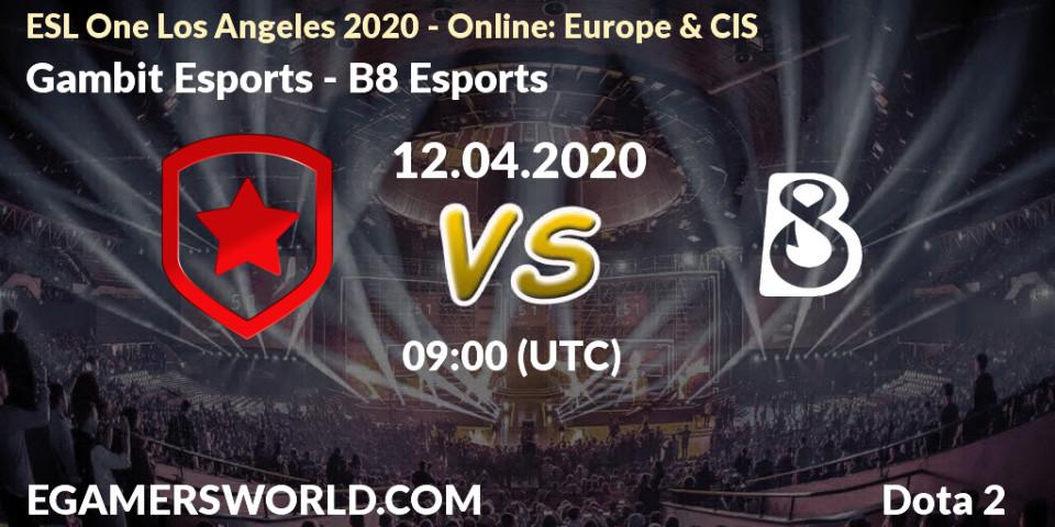 Prognose für das Spiel Gambit Esports VS B8 Esports. 12.04.2020 at 09:00. Dota 2 - ESL One Los Angeles 2020 - Online: Europe & CIS