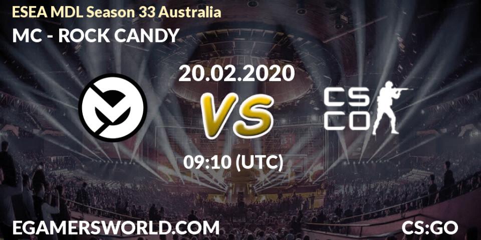 Prognose für das Spiel MC VS ROCK CANDY. 24.02.20. CS2 (CS:GO) - ESEA MDL Season 33 Australia