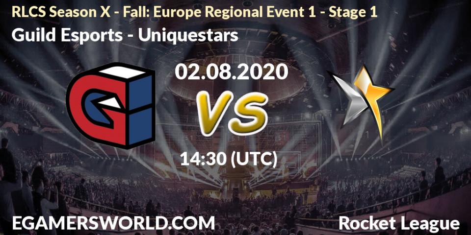 Prognose für das Spiel Guild Esports VS Uniquestars. 02.08.2020 at 14:30. Rocket League - RLCS Season X - Fall: Europe Regional Event 1 - Stage 1