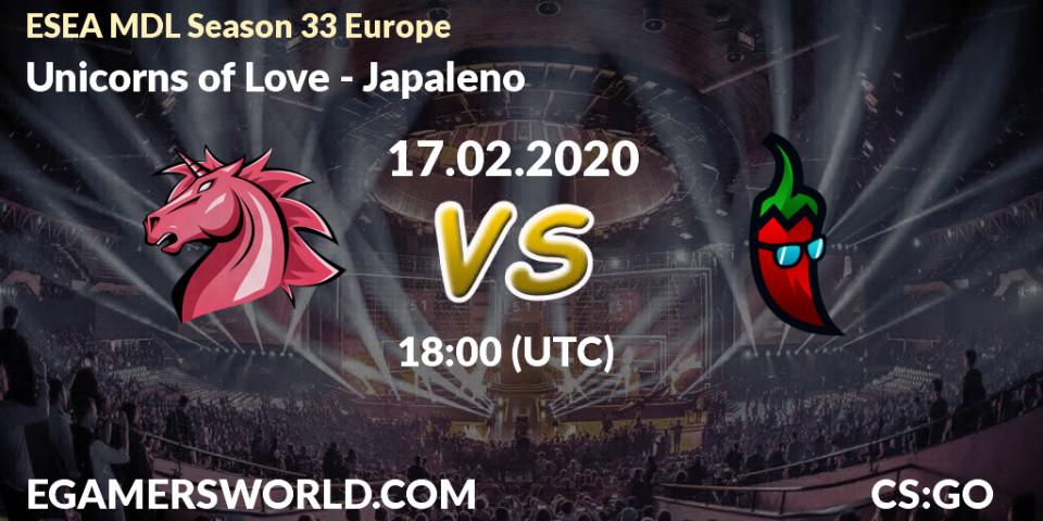 Prognose für das Spiel Unicorns of Love VS Japaleno. 17.02.20. CS2 (CS:GO) - ESEA MDL Season 33 Europe